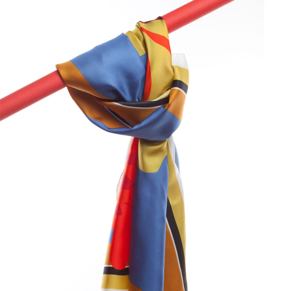AFRICAN IRIS SCARF IN YELLOW OCHRE, BLOOD RED, CORNFLOWER BLUE, AND BLACK