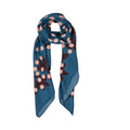 A blue scarf with a pattern of pink polka dots and dark brown floral motifs, displayed on a clean white background.
