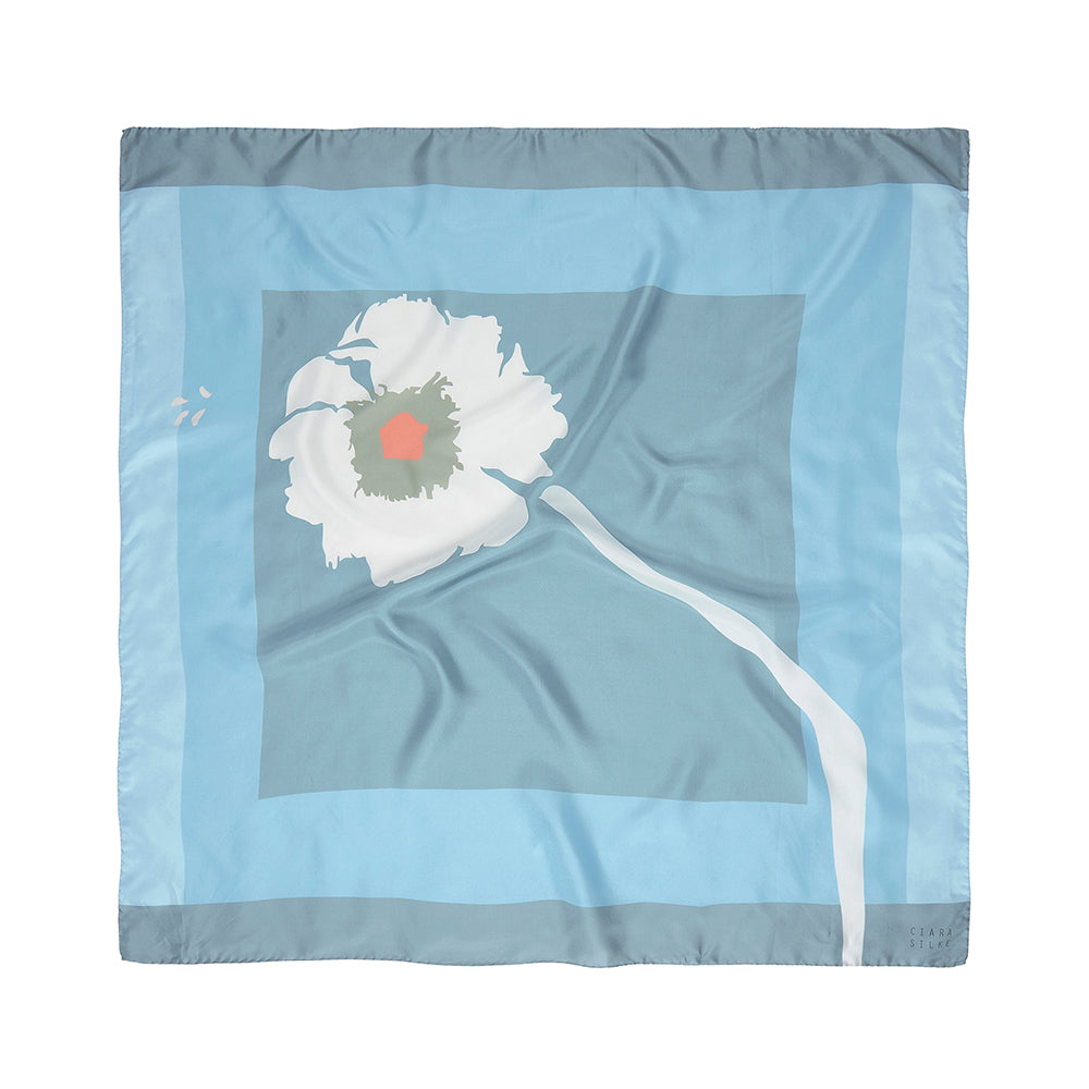 PAINTED DAISY SCARF IN BABY BLUE, GREY, SILVER AND CORAL