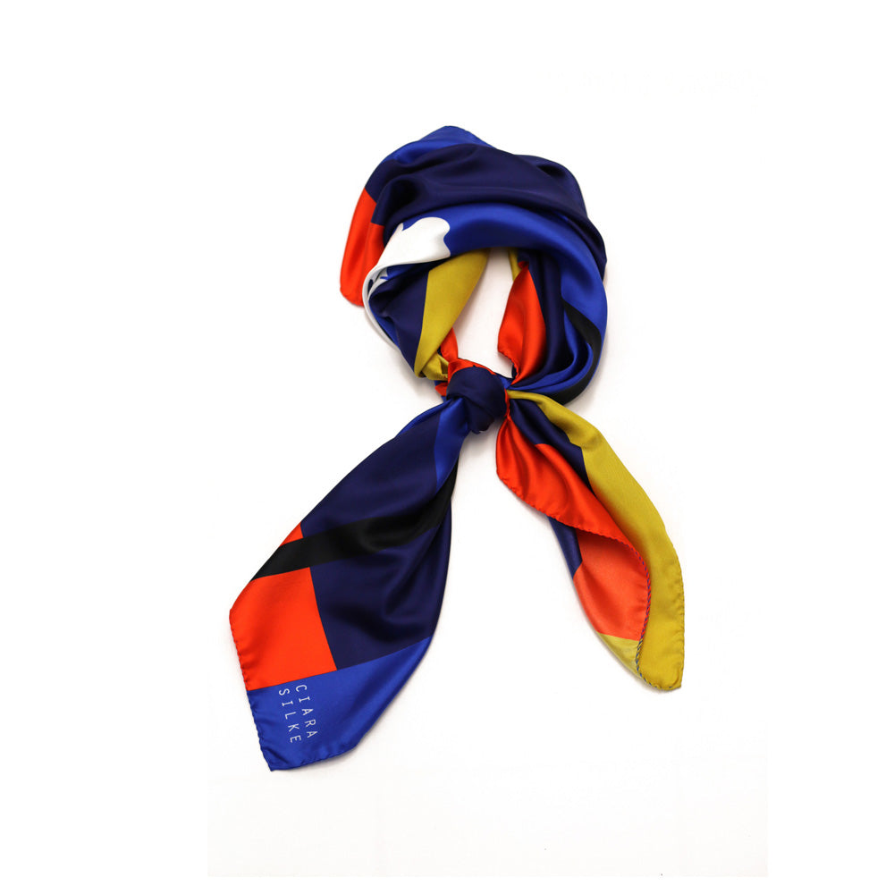 PAINTED DAISY SCARF IN PRIMARY BLUE, RED, MUSTARD, NAVY AND WHITE